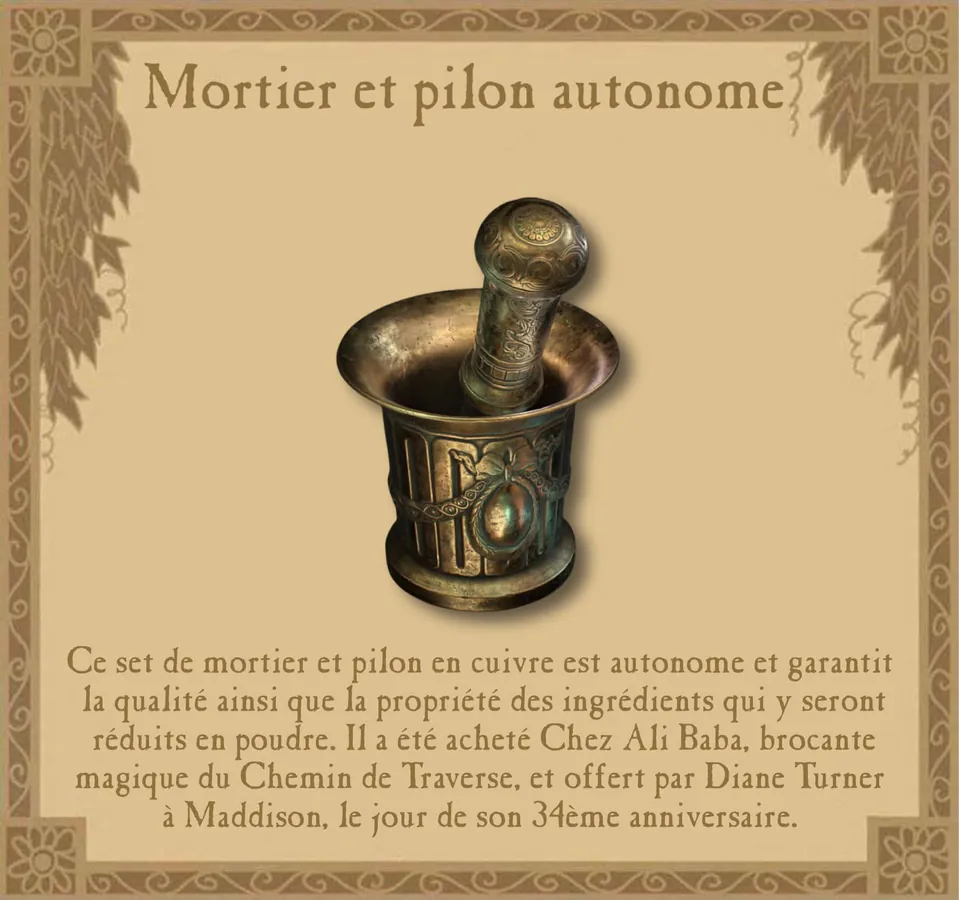 C'est un mortier en cuivre avec son pilon, cadeau de Diane Turner à Maddison pour son 34ème anniversaire.